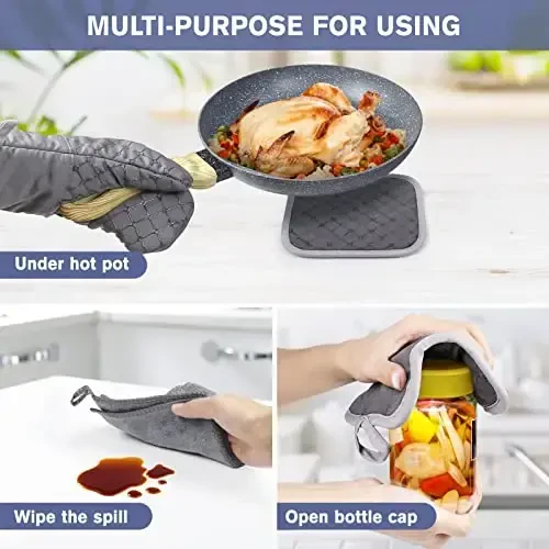 6 Pcs Oven Mitts and Pot Holders, 500℉ Heat Resistant Oven Mitts with Kitchen Towels Soft Cotton Lining and Non-Slip Silicone Surface Safe for Baking, Cooking, BBQ (Grey) - 5