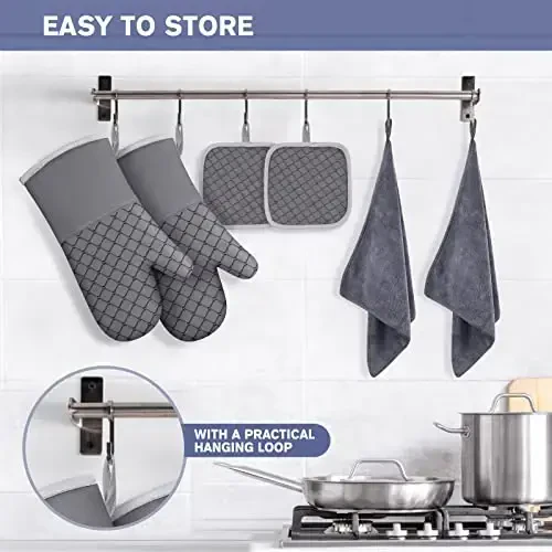6 Pcs Oven Mitts and Pot Holders, 500℉ Heat Resistant Oven Mitts with Kitchen Towels Soft Cotton Lining and Non-Slip Silicone Surface Safe for Baking, Cooking, BBQ (Grey) - 6