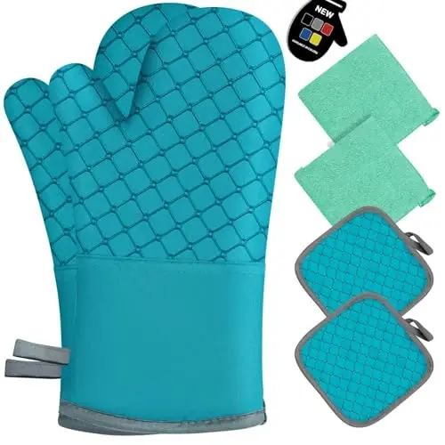 6 Pcs Oven Mitts and Pot Holders, 500℉ Heat Resistant Oven Mitts with Kitchen Towels Soft Cotton Lining and Non-Slip Silicone Surface Safe for Baking, Cooking, BBQ (Lake Blue) - WSEDOR
