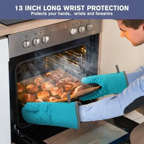 6 Pcs Oven Mitts and Pot Holders, 500℉ Heat Resistant Oven Mitts with Kitchen Towels Soft Cotton Lining and Non-Slip Silicone Surface Safe for Baking, Cooking, BBQ (Lake Blue) - 4