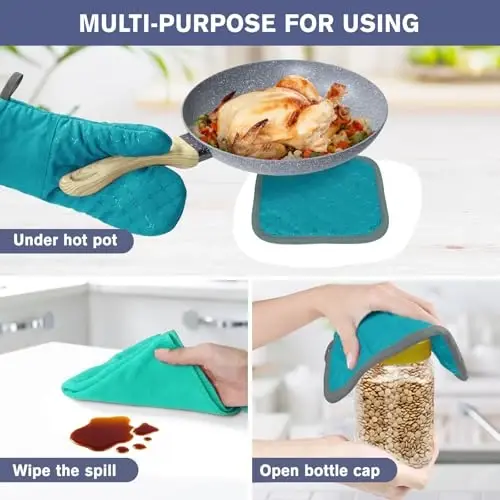 6 Pcs Oven Mitts and Pot Holders, 500℉ Heat Resistant Oven Mitts with Kitchen Towels Soft Cotton Lining and Non-Slip Silicone Surface Safe for Baking, Cooking, BBQ (Lake Blue) - 5