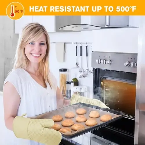 6 Pcs Oven Mitts and Pot Holders, 500℉ Heat Resistant Oven Mitts with Kitchen Towels Soft Cotton Lining and Non-Slip Silicone Surface Safe for Baking, Cooking, BBQ (Milkshake/Beige) - WSEDOR (1)