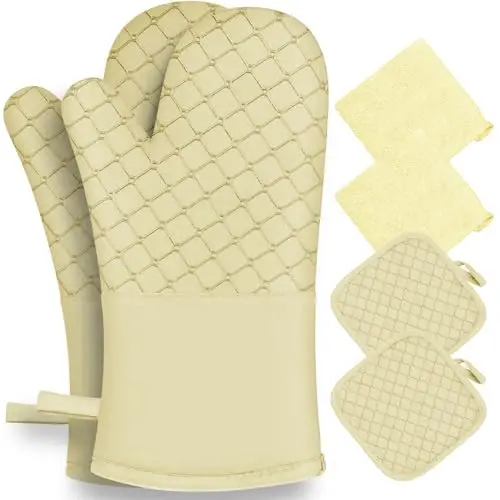 6 Pcs Oven Mitts and Pot Holders, 500℉ Heat Resistant Oven Mitts with Kitchen Towels Soft Cotton Lining and Non-Slip Silicone Surface Safe for Baking, Cooking, BBQ (Milkshake/Beige) - WSEDOR