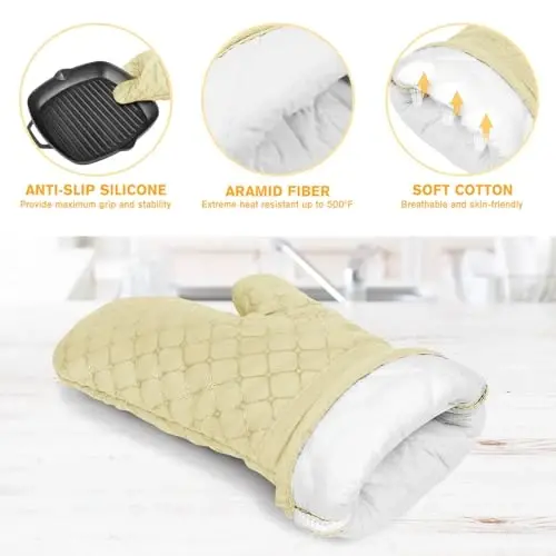 6 Pcs Oven Mitts and Pot Holders, 500℉ Heat Resistant Oven Mitts with Kitchen Towels Soft Cotton Lining and Non-Slip Silicone Surface Safe for Baking, Cooking, BBQ (Milkshake/Beige) - 3