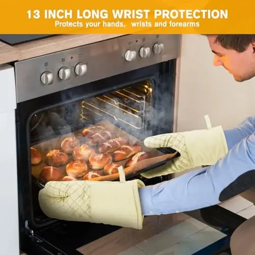 6 Pcs Oven Mitts and Pot Holders, 500℉ Heat Resistant Oven Mitts with Kitchen Towels Soft Cotton Lining and Non-Slip Silicone Surface Safe for Baking, Cooking, BBQ (Milkshake/Beige) - 4