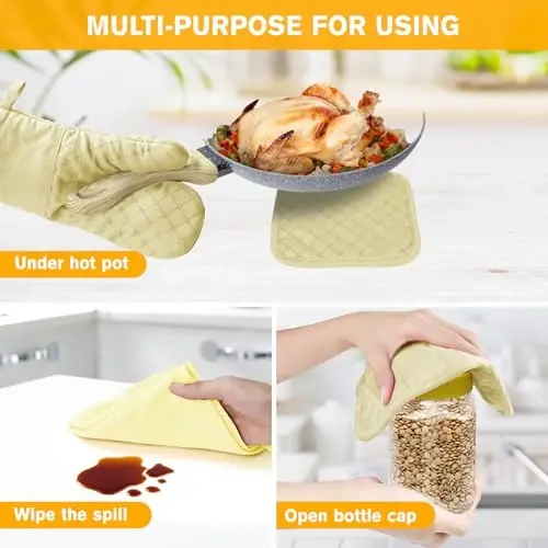 6 Pcs Oven Mitts and Pot Holders, 500℉ Heat Resistant Oven Mitts with Kitchen Towels Soft Cotton Lining and Non-Slip Silicone Surface Safe for Baking, Cooking, BBQ (Milkshake/Beige) - 5