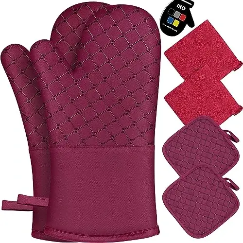 6 Pcs Oven Mitts and Pot Holders, 500℉ Heat Resistant Oven Mitts with Kitchen Towels Soft Cotton Lining and Non-Slip Silicone Surface Safe for Baking, Cooking, BBQ (Red) - WSEDOR