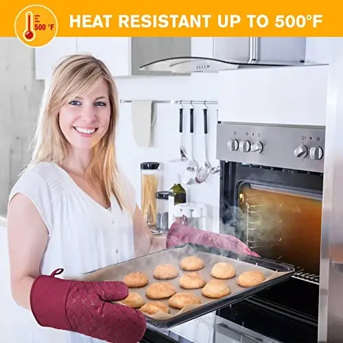 6 Pcs Oven Mitts and Pot Holders, 500℉ Heat Resistant Oven Mitts with Kitchen Towels Soft Cotton Lining and Non-Slip Silicone Surface Safe for Baking, Cooking, BBQ (Red) - 2