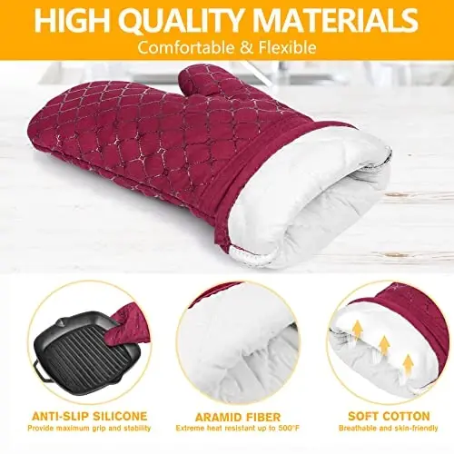 6 Pcs Oven Mitts and Pot Holders, 500℉ Heat Resistant Oven Mitts with Kitchen Towels Soft Cotton Lining and Non-Slip Silicone Surface Safe for Baking, Cooking, BBQ (Red) - 3