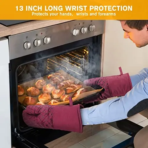 6 Pcs Oven Mitts and Pot Holders, 500℉ Heat Resistant Oven Mitts with Kitchen Towels Soft Cotton Lining and Non-Slip Silicone Surface Safe for Baking, Cooking, BBQ (Red) - 4