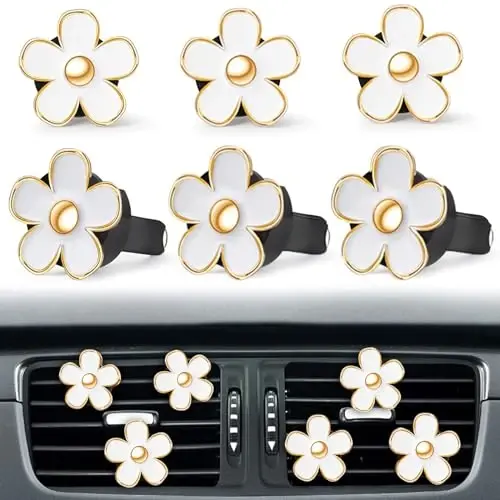 6 Pcs White Daisy Flower Air Freshener Outlet Clip Cars Conditioning Perfume Clips Charm Car Interior Decor Accessories for Women Girls Christmas Gifts - HICOMFLY (1)