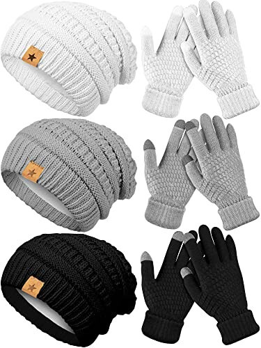 6 Pcs Women Winter Beanie Hat Gloves Set 3 Pcs Warm Knitted Hats and 3 Pairs Touchscreen Gloves Women Ladies Winter Gifts - 1