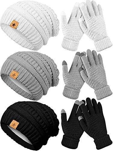 6 Pcs Women Winter Beanie Hat Gloves Set 3 Pcs Warm Knitted Hats and 3 Pairs Touchscreen Gloves Women Ladies Winter Gifts - 1