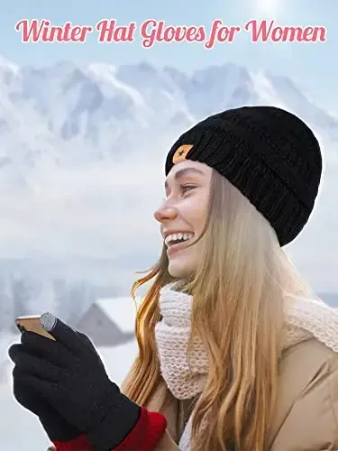 6 Pcs Women Winter Beanie Hat Gloves Set 3 Pcs Warm Knitted Hats and 3 Pairs Touchscreen Gloves Women Lady Cold Winter Gifts - 6