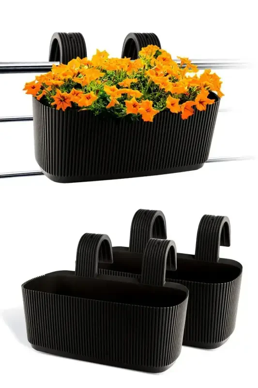 6 Pera Hanging Balcony Pots Plastic Clamped Hangable Pot-Black - 4
