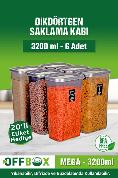 6 Piece 12 Part 3.2 Liter Mega Boy Rectangular Food & Legumes Storage Container Set with 20 Gift Labels - OFFBOX