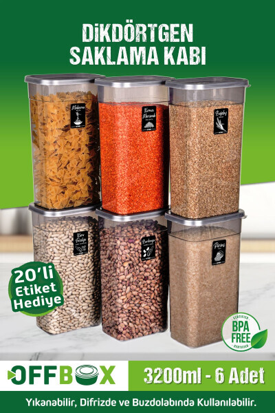 6 Piece 12 Part 3.2 Liter Mega Boy Rectangular Food & Legumes Storage Container Set with 20 Gift Labels - OFFBOX (1)