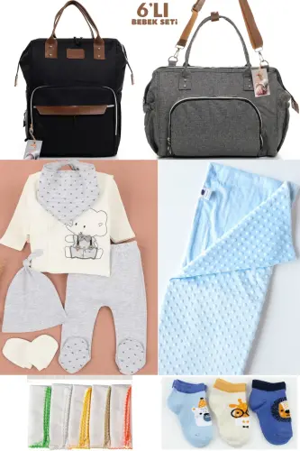 6-PIECE BABY BIRTH SET (HOSPITAL DEPARTURE, MOTHER & BABY CARE SHOULDER AND BACKPACK, BLANKET, SOCKS AND HANDKERCHIEF) - BLACK-GRAY-ECRU 