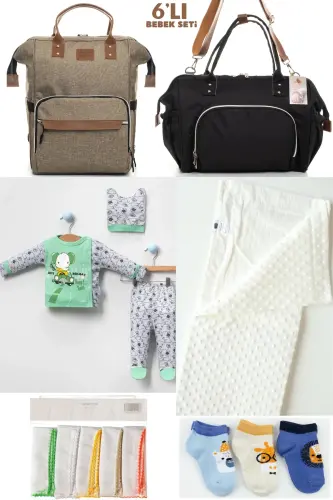 6-PIECE BABY BIRTH SET (HOSPITAL EXIT, MOTHER & BABY CARE SHOULDER AND BACKPACK, BLANKET, SOCKS AND HANDKERCHIEF) - BEIGE-BLACK-GREEN 