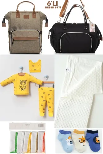 6-PIECE BABY BIRTH SET (HOSPITAL EXIT, MOTHER & BABY CARE SHOULDER AND BACKPACK, BLANKET, SOCKS AND HANDKERCHIEF) - BEIGE-BLACK-YELLOW 
