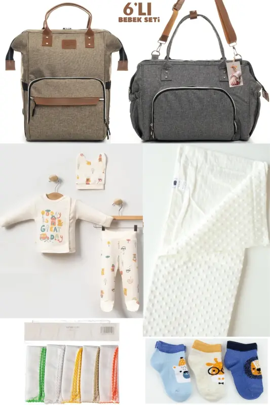 6-PIECE BABY BIRTH SET (HOSPITAL EXIT, MOTHER & BABY CARE SHOULDER AND BACKPACK, BLANKET, SOCKS AND HANDKERCHIEF) - BEIGE-GRAY-CREAM - 1