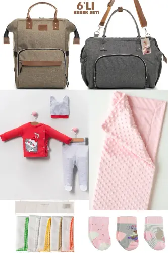 6-PIECE BABY BIRTH SET (HOSPITAL EXIT, MOTHER & BABY CARE SHOULDER AND BACKPACK, BLANKET, SOCKS AND HANDKERCHIEF) - BEIGE-GRAY-RED 