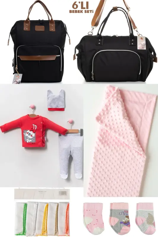 6-PIECE BABY BIRTH SET (HOSPITAL EXIT, MOTHER & BABY CARE SHOULDER AND BACKPACK, BLANKET, SOCKS AND HANDKERCHIEF) - BLACK-BLACK-RED - 1