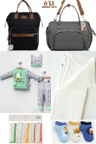6-PIECE BABY BIRTH SET (HOSPITAL EXIT, MOTHER & BABY CARE SHOULDER AND BACKPACK, BLANKET, SOCKS AND HANDKERCHIEF) - BLACK-GRAY-GREEN 