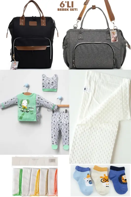 6-PIECE BABY BIRTH SET (HOSPITAL EXIT, MOTHER & BABY CARE SHOULDER AND BACKPACK, BLANKET, SOCKS AND HANDKERCHIEF) - BLACK-GRAY-GREEN - 1