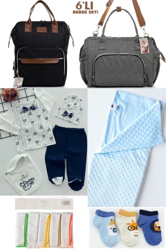 6-PIECE BABY BIRTH SET (HOSPITAL EXIT, MOTHER & BABY CARE SHOULDER AND BACKPACK, BLANKET, SOCKS AND HANDKERCHIEF) - BLACK-GRAY-NAVY BLUE - 1