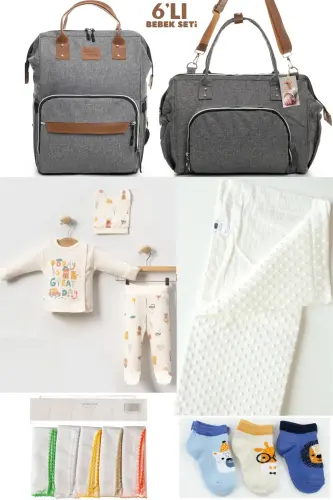 6-PIECE BABY BIRTH SET (HOSPITAL EXIT, MOTHER & BABY CARE SHOULDER AND BACKPACK, BLANKET, SOCKS AND HANDKERCHIEF) - GREY-GREY-CREAM 