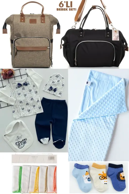 6-PIECE BABY BIRTH SET (HOSPITAL EXIT, MOTHER & BABY CARE SHOULDER AND BACKPACK, BLANKET, SOCKS AND HANKY) - BEIGE-BLACK-NAVY BLUE - 1