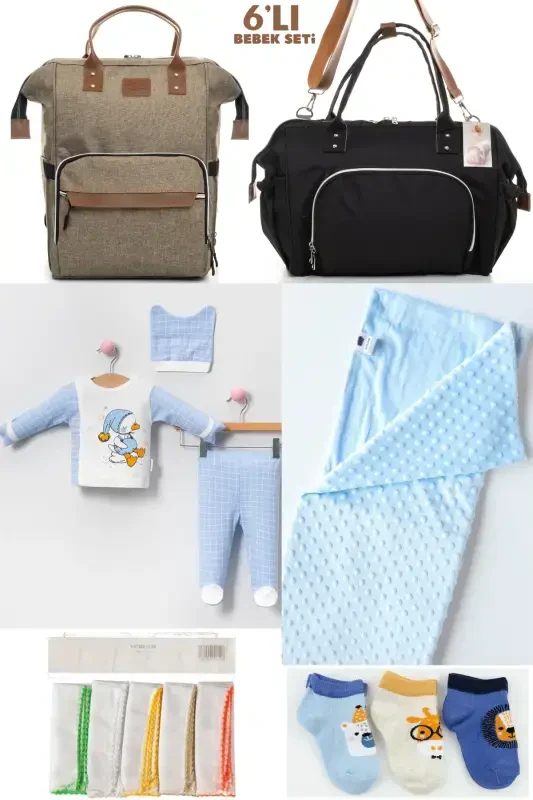 6-PIECE BABY BIRTH SET (HOSPITAL OUTFIT, MOM&BABY CARE SHOULDER AND BACKPACK, BLANKET, SOCKS AND CLOTH)-BEIGE - BOMBINOO