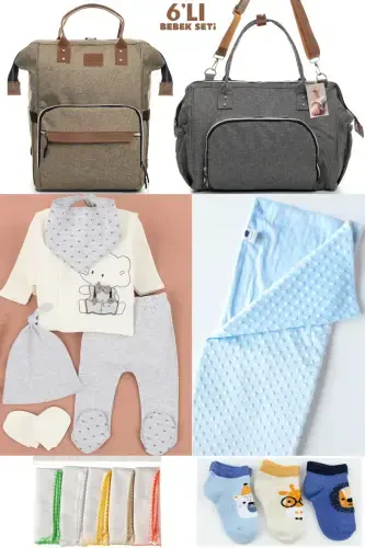 6-PIECE BABY BIRTH SET (HOSPITAL OUTFIT, MOM&BABY CARE SHOULDER AND BACKPACK, BLANKET, SOCKS AND CLOTH)-BEIGE - 1