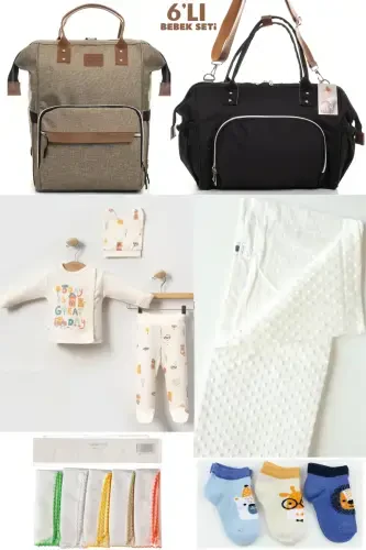 6-PIECE BABY BIRTH SET (HOSPITAL OUTFIT, MOM&BABY CARE SHOULDER AND BACKPACK, BLANKET, SOCKS AND CLOTH)-BEIGE - 1