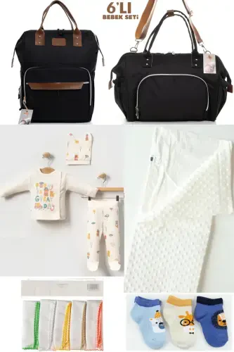 6-PIECE BABY BIRTH SET (HOSPITAL OUTFIT, MOM&BABY CARE SHOULDER AND BACKPACK, BLANKET, SOCKS AND CLOTH)-BLACK - 1