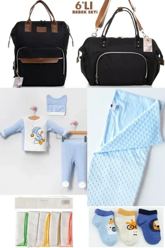 6-PIECE BABY BIRTH SET (HOSPITAL OUTFIT, MOM&BABY CARE SHOULDER AND BACKPACK, BLANKET, SOCKS AND CLOTH)-BLACK - BOMBINOO