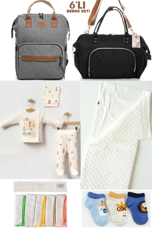 6-PIECE BABY BIRTH SET (HOSPITAL OUTFIT, MOM&BABY CARE SHOULDER AND BACKPACK, BLANKET, SOCKS AND CLOTH)-GRAY - BOMBINOO
