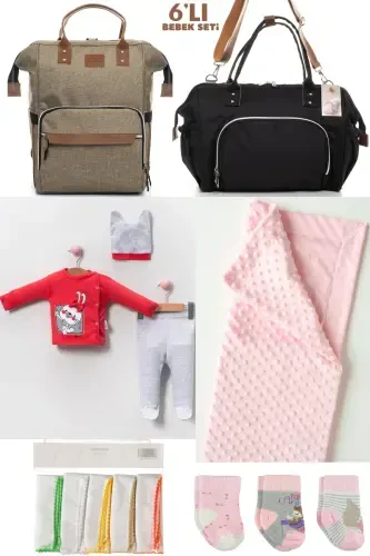 6-PIECE BABY BIRTH SET (HOSPITAL OUTFIT, MOM&BABY CARE SHOULDER AND BACKPACK, BLANKET, SOCKS AND HANDKERCHIEF)-BEIGE - 1
