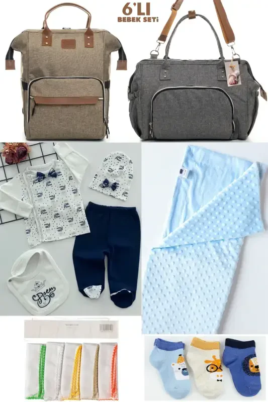 6-PIECE BABY BIRTH SET (HOSPITAL OUTFIT, MOM&BABY CARE SHOULDER AND BACKPACK, BLANKET, SOCKS AND HANDKERCHIEF)-BEIGE - 1