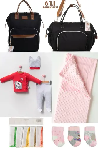 6-PIECE BABY BIRTH SET (HOSPITAL OUTFIT, MOM&BABY CARE SHOULDER AND BACKPACK, BLANKET, SOCKS AND HANDKERCHIEF) - BLACK 