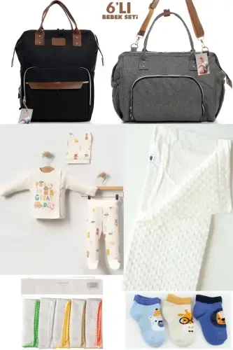 6-PIECE BABY BIRTH SET (HOSPITAL OUTFIT, MOM&BABY CARE SHOULDER AND BACKPACK, BLANKET, SOCKS AND HANDKERCHIEF)-BLACK - 1