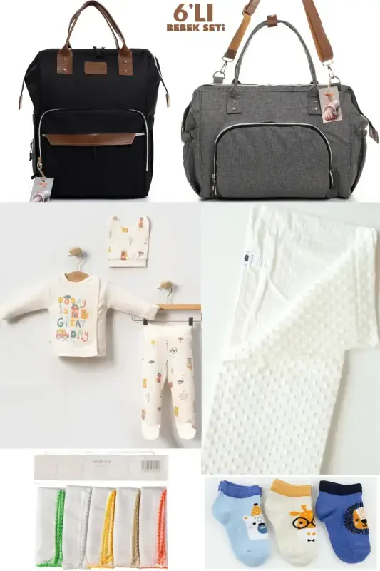 6-PIECE BABY BIRTH SET (HOSPITAL OUTFIT, MOM&BABY CARE SHOULDER AND BACKPACK, BLANKET, SOCKS AND HANDKERCHIEF)-BLACK - 1