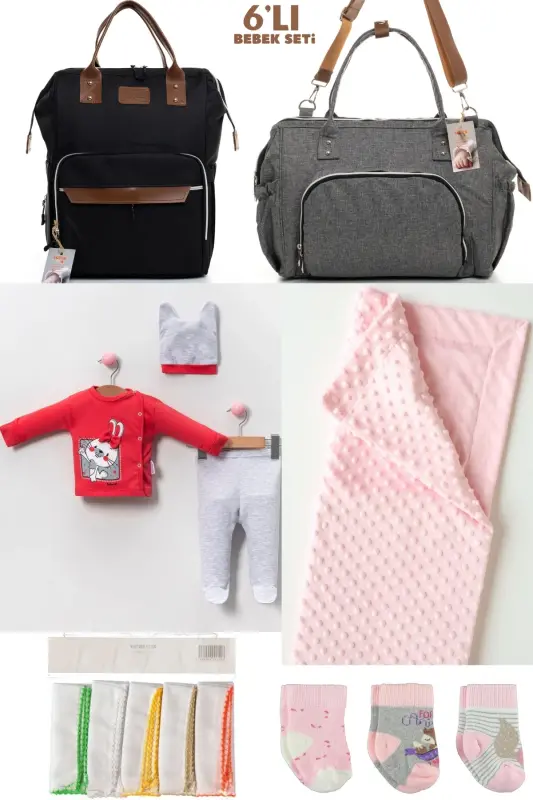 6-PIECE BABY BIRTH SET (HOSPITAL OUTFIT, MOM&BABY CARE SHOULDER AND BACKPACK, BLANKET, SOCKS AND HANDKERCHIEF) - BLACK - BOMBINOO