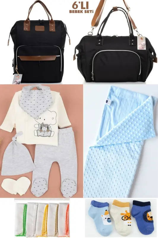 6-PIECE BABY BIRTH SET (HOSPITAL OUTFIT, MOM&BABY CARE SHOULDER AND BACKPACK, BLANKET, SOCKS AND HANDKERCHIEF)-BLACK - 1