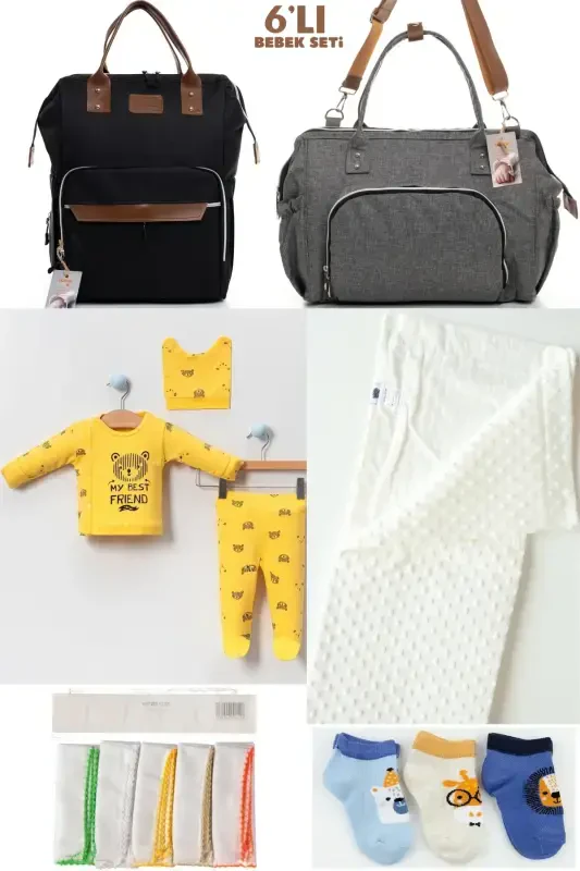 6-PIECE BABY BIRTH SET (HOSPITAL OUTFIT, MOM&BABY CARE SHOULDER AND BACKPACK, BLANKET, SOCKS AND HANDKERCHIEF)-BLACK - 1