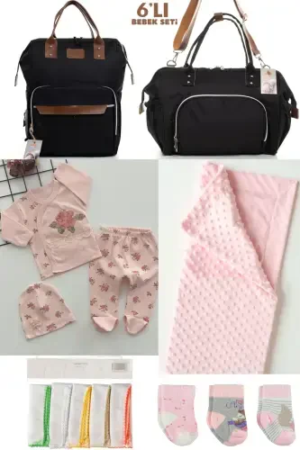 6-PIECE BABY BIRTH SET (HOSPITAL OUTFIT, MOM&BABY CARE SHOULDER AND BACKPACK, BLANKET, SOCKS AND HANDKERCHIEF)-BLACK - 1