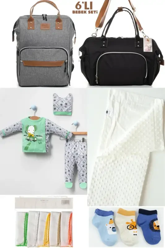 6-PIECE BABY BIRTH SET (HOSPITAL OUTFIT, MOM&BABY CARE SHOULDER AND BACKPACK, BLANKET, SOCKS AND HANDKERCHIEF)-GRAY - BOMBINOO