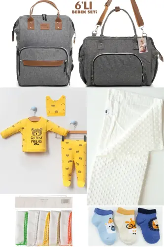6-PIECE BABY BIRTH SET (HOSPITAL OUTFIT, MOM&BABY CARE SHOULDER AND BACKPACK, BLANKET, SOCKS AND HANDKERCHIEF)-GRAY 