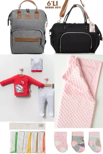 6-PIECE BABY BIRTH SET (HOSPITAL OUTFIT, MOM&BABY CARE SHOULDER AND BACKPACK, BLANKET, SOCKS AND HANDKERCHIEF)-GRAY 